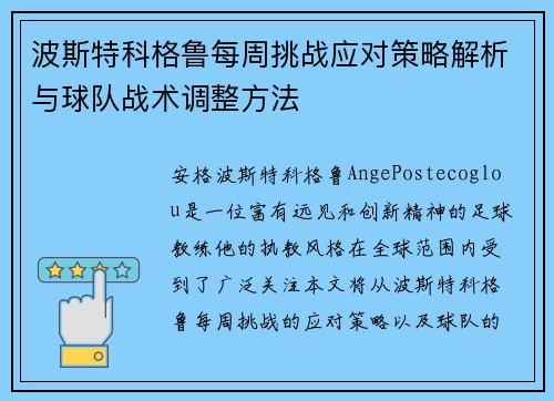 波斯特科格鲁每周挑战应对策略解析与球队战术调整方法